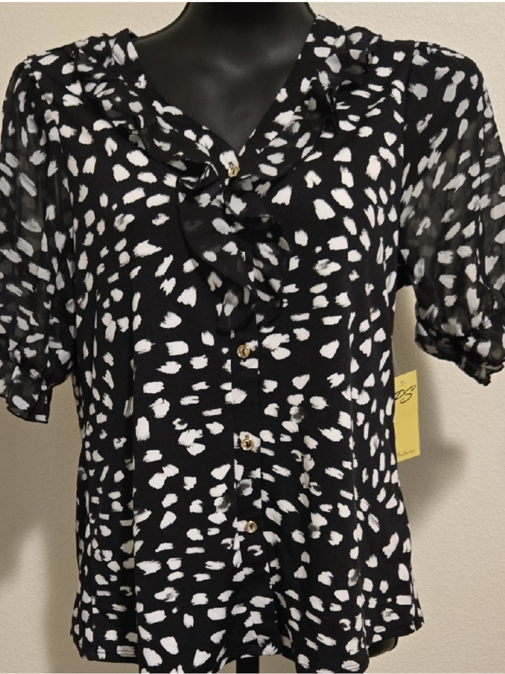 Black & White Dot Ruffle Button-Front Women's Top
